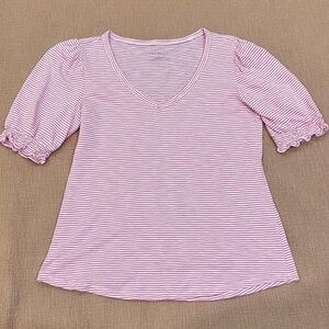 Talbots modal / cotton blend Pink & White Striped V-Neck puff sleeve knit top